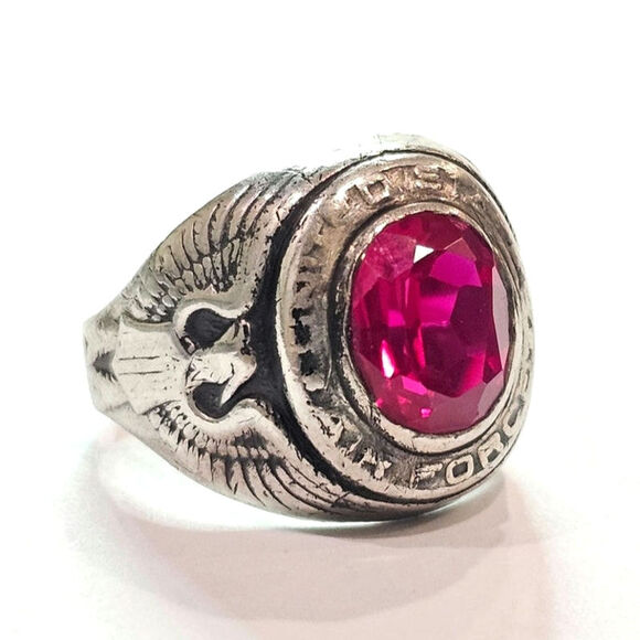 Vintage Mid-Century US Air Force Sterling Silver Lab Ruby Ring - Picture 3 of 7
